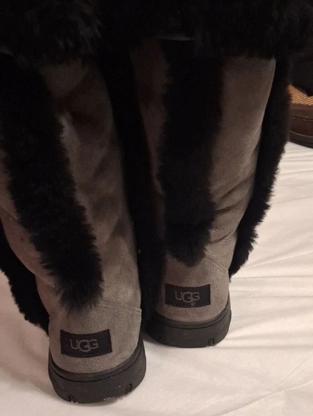 UGGS Gray Suede Tall Winter Boots with Black Fur Trim